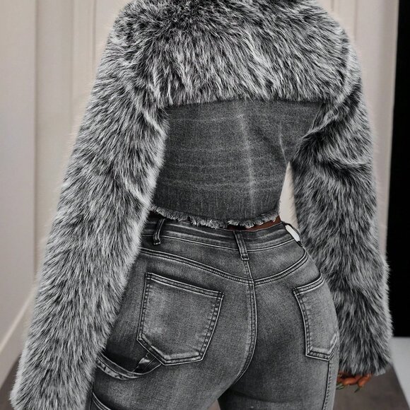 Casual Blue Women's Patchwork Denim Jacket with Faux Fur Collar - Picture 2 of 7